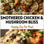 Close-up of smothered chicken and mushroom risotto topped with parsley and creamy sauce.